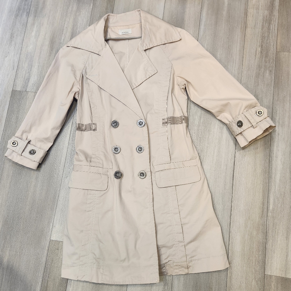 Pinko trench coat women's 6 ivory cotton mini pleated double chest Made in Italy - Picture 2 of 14